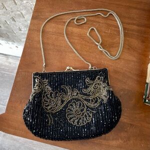 SOLD Vintage La Regale Black Beaded Evening Bag Gold Bead Detailing + Chain